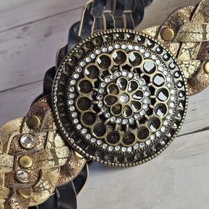 Metallic Medallion Braided Belt Womens XL Gold Silver Sparkle Rhinestone Studded